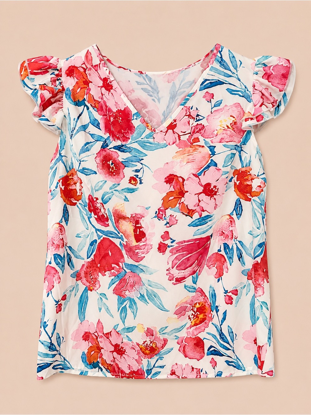 Women’s  Floral Flutter Sleeve Top - Pink Blue